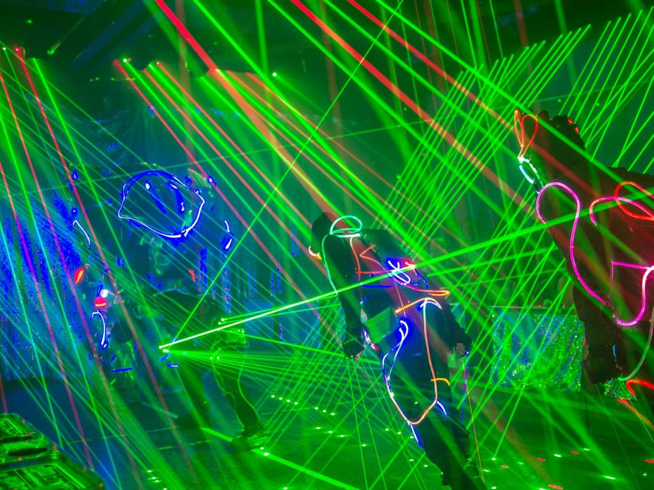 Neon laser lights and dancers at the Tokyo Robot restaurant