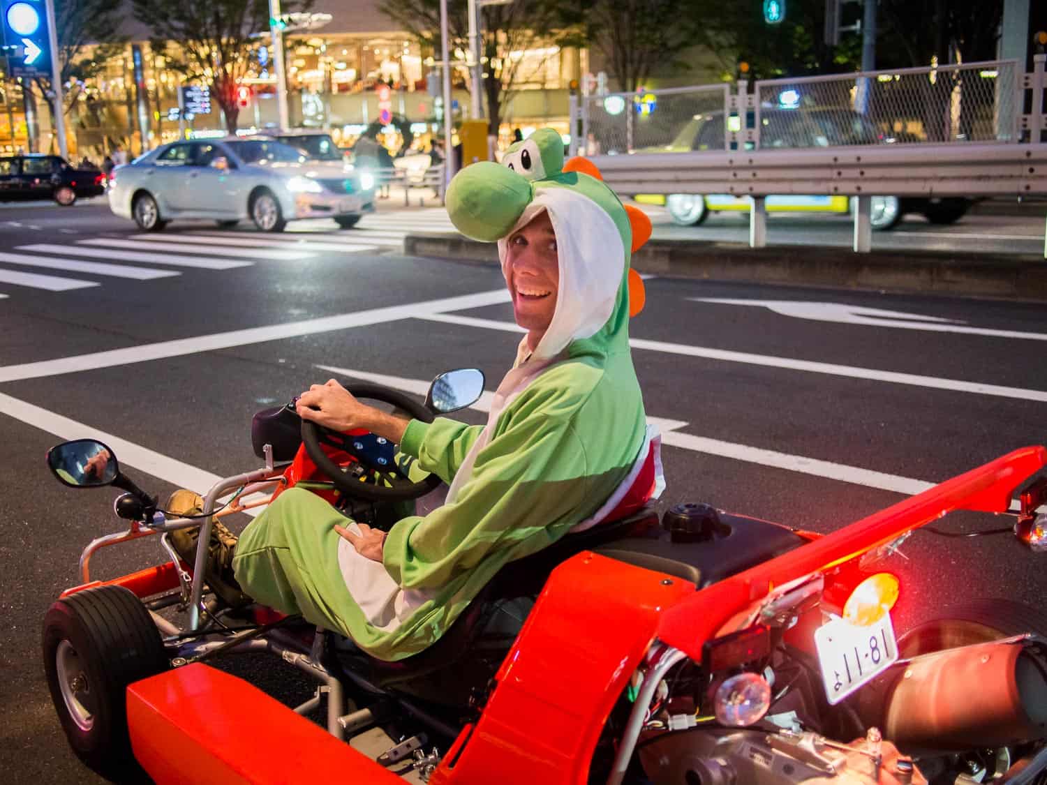 Simon dressed up as Yoshi on our Maricar experience in Tokyo