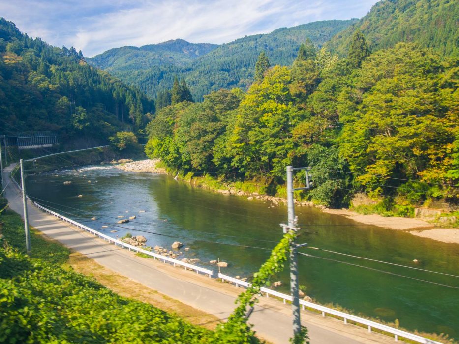 The gorgeous view on the Hida wide view train from Takayama to Toyama.