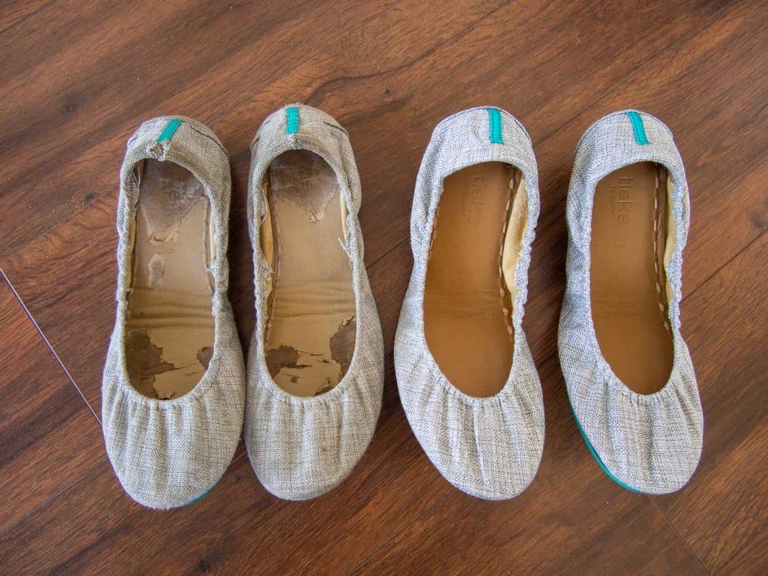 Honest Tieks review - my old Silver Lake Vegan Tieks (left) after 2.5 years of wear vs my new ones (right).