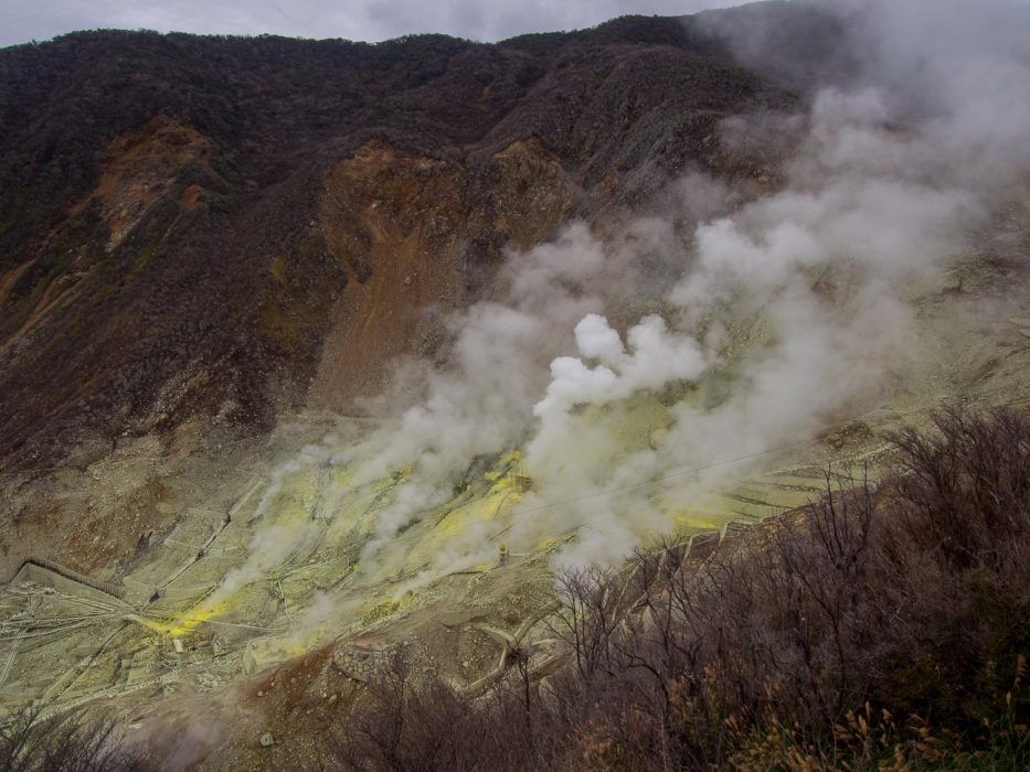 The volcanic site Owakudani that's reached by the Hakone ropeway