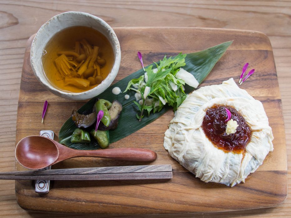 Yuba (tofu skin) set lunch at vegan cafe Yasai Cafe Meguri in Nikko