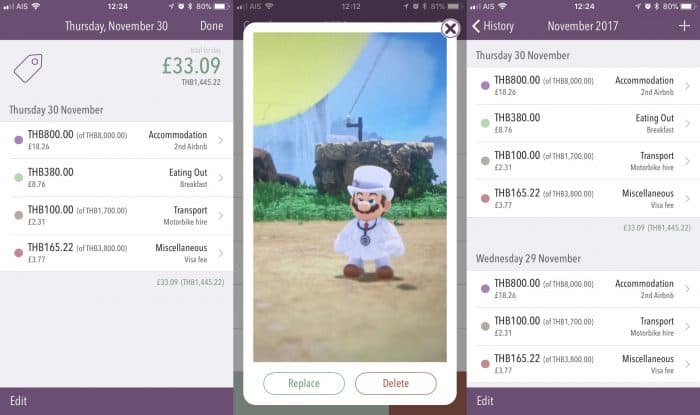 Three screenshots of Trail Wallet showing the new daily summary screen, the photos screen, and the History screen.