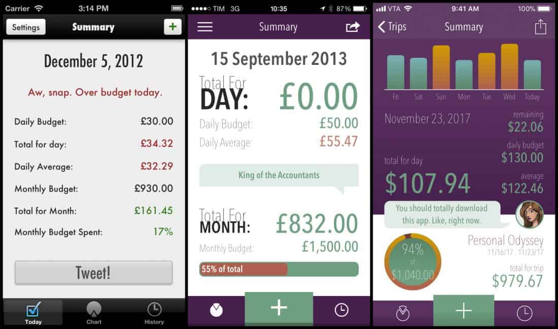 Three screenshots of Trail Wallet from the first version that looks like a hideous grey mess to the current sleek, purple version with bar charts and character faces.