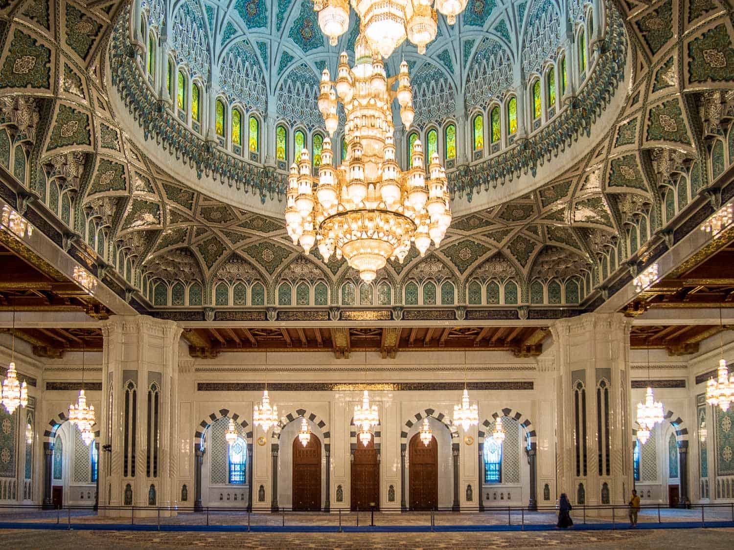 The main prayer hall of the Grand Mosque in Muscat, one of the most beautiful places to visit in Oman