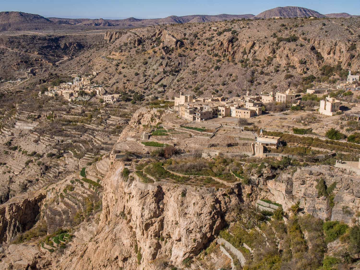 Rugged terrain and village surrounding Jebel Akhdar, Oman