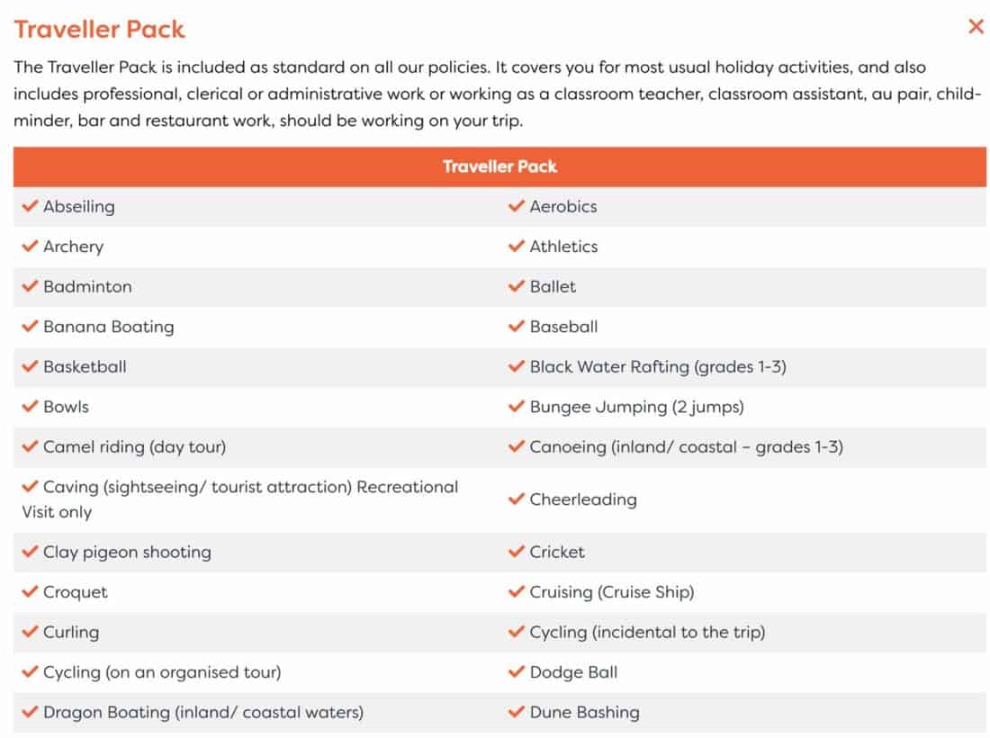 Just some of the activities included as standard on a True Traveller insurance policy