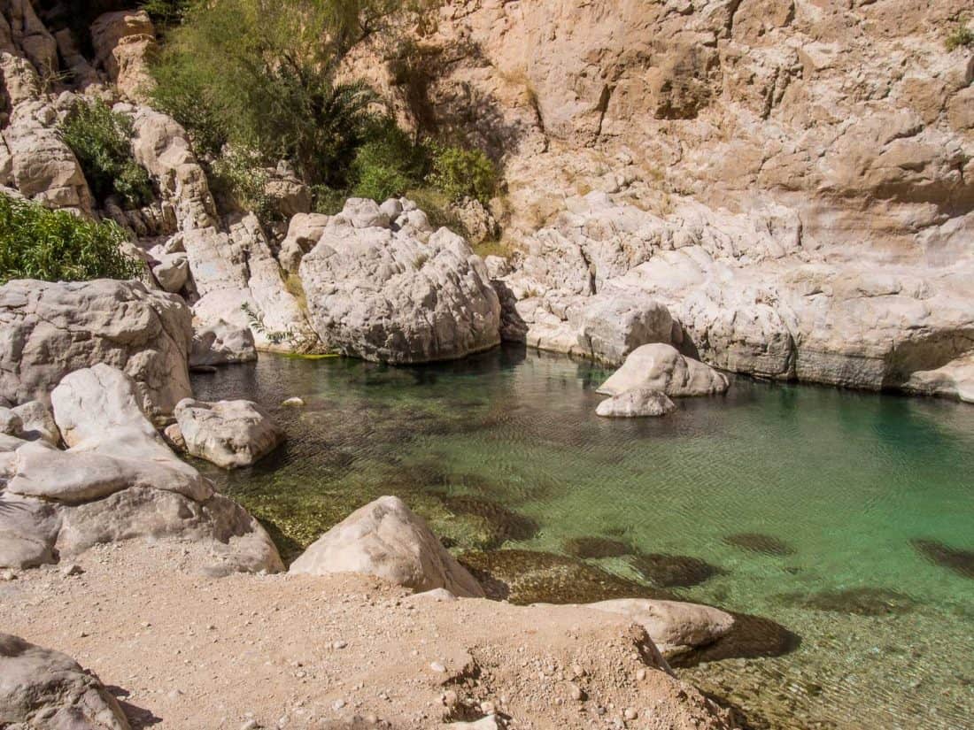 The smaller, quieter upper pools at Wadi Bani Khalid, Oman