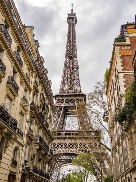 The Eiffel Tower, street view on a cloudy day, Paris, France