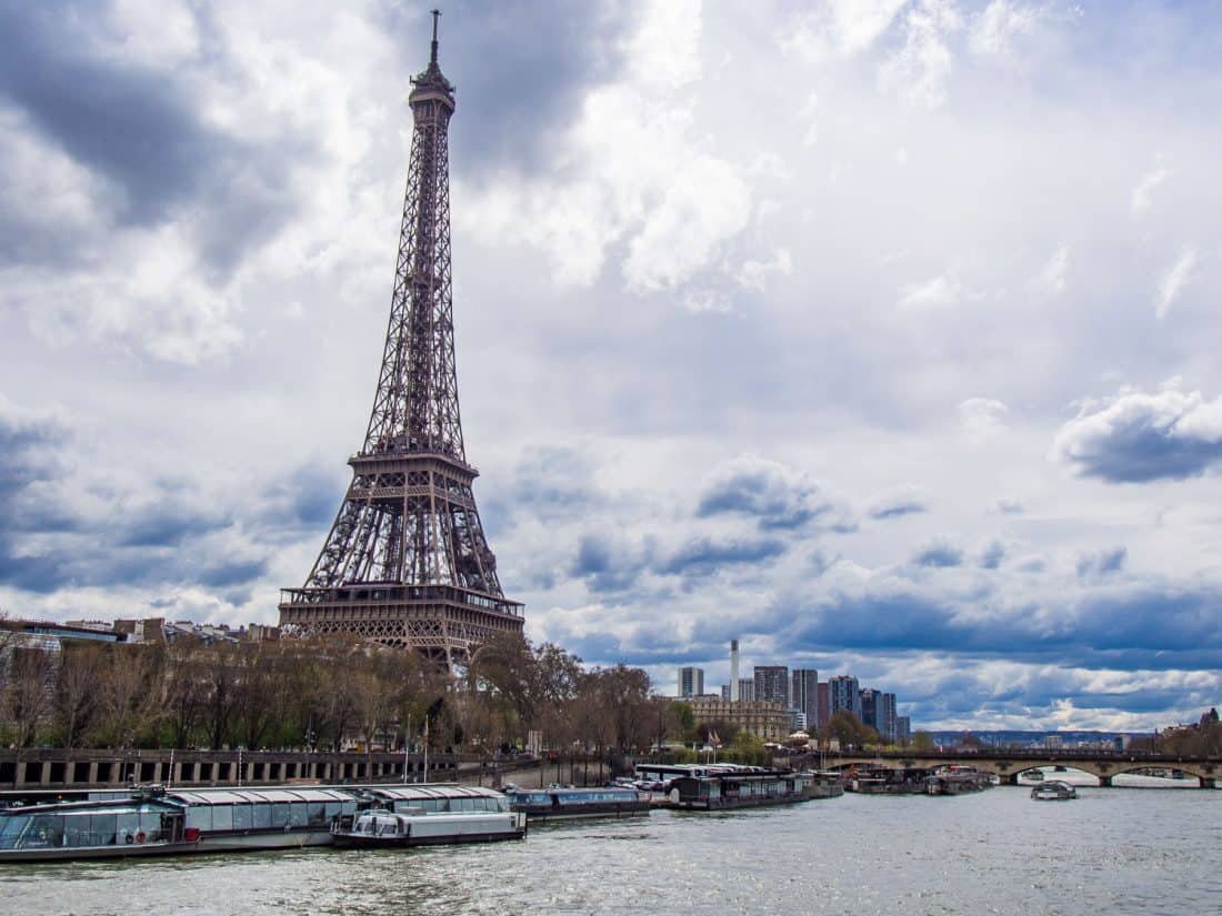 The Eiffel Tower from the Seine river in Paris, France