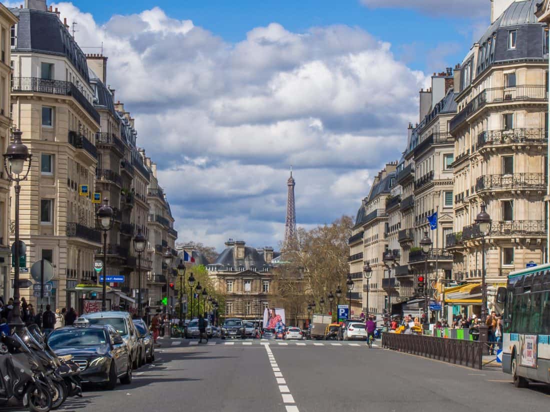 The Eiffel tower from Rue Soufflot by the Pantheon in Paris