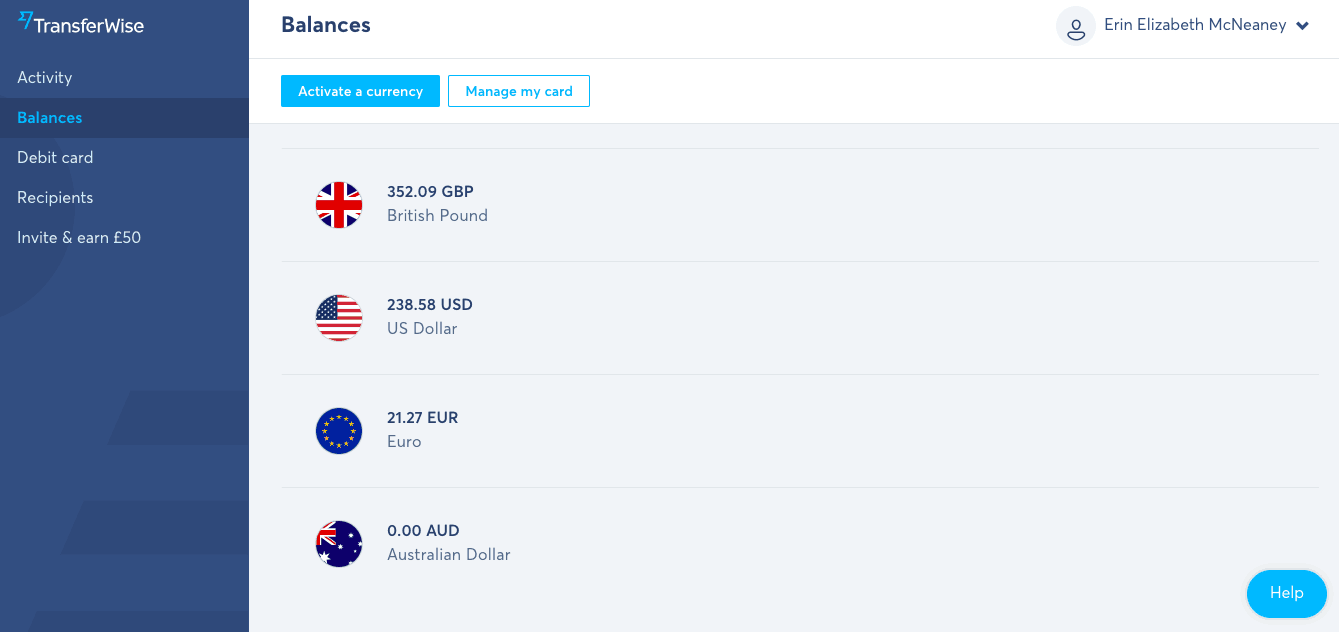 My Transferwise Borderless account showing my balances in pounds, dollars, Euros, and Australian dollars.