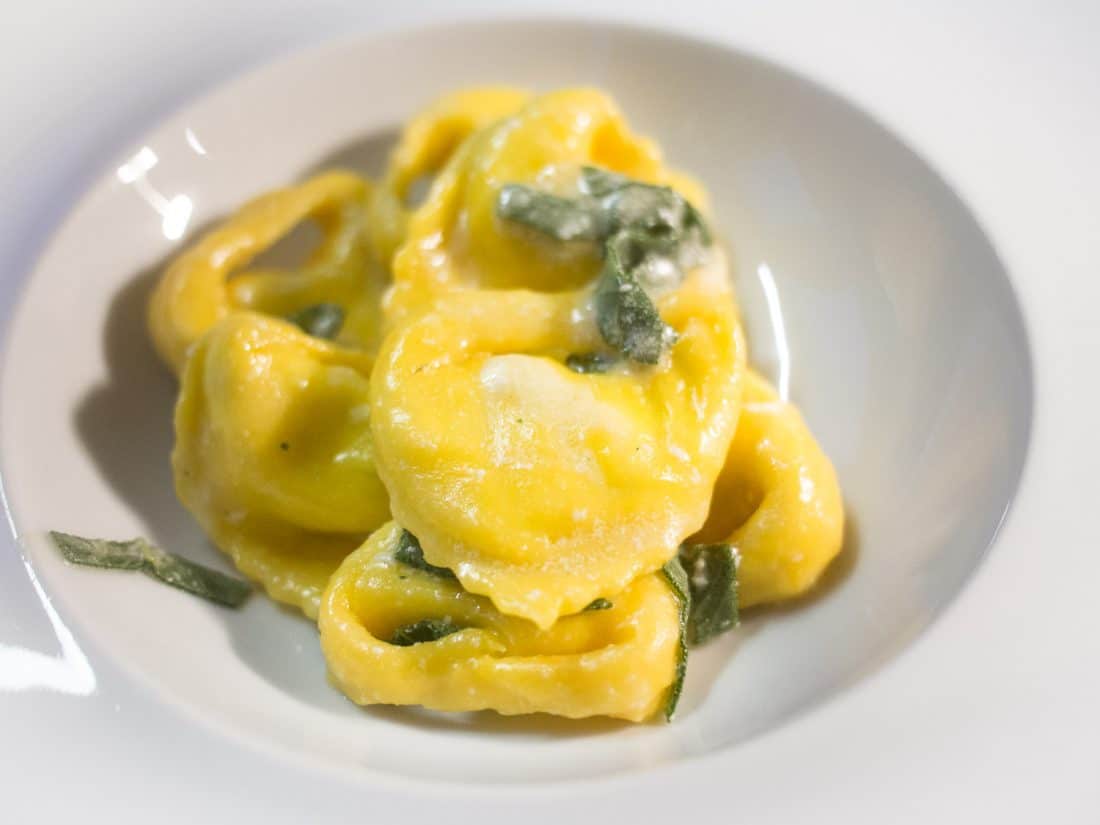 Tortelloni stuffed with ricotta and herbs in a sage and butter sauce at Oltre, Bologna