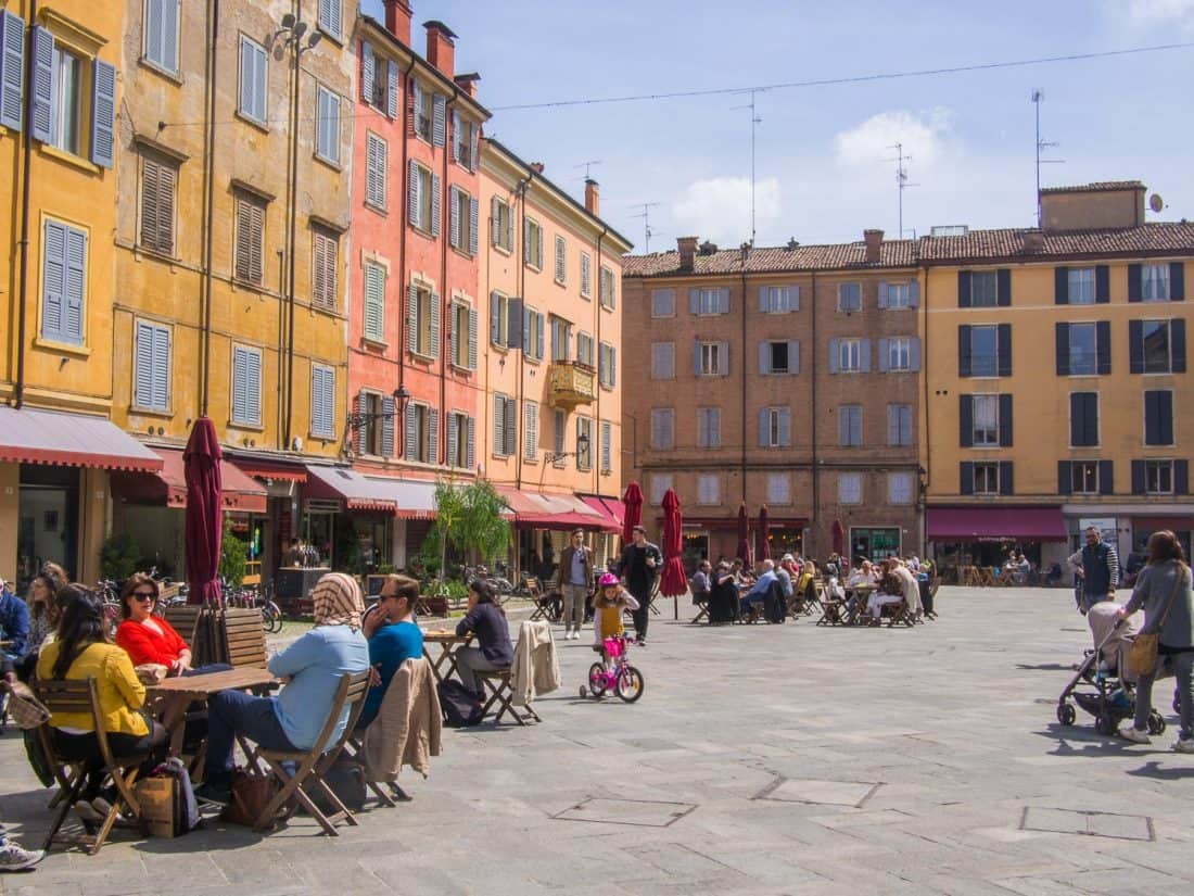 The colourful buildings of Piazza XX Settembre in Modena, Italy
