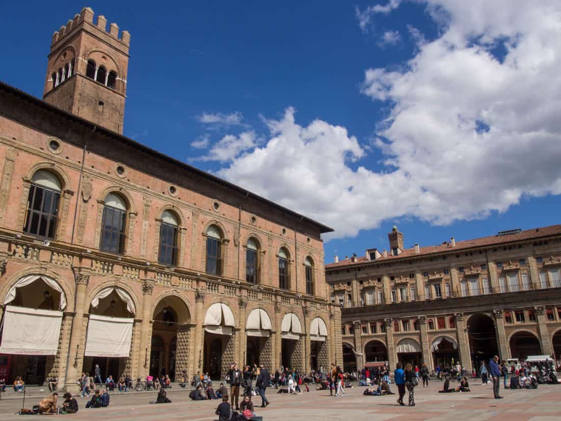 Piazza Maggiore on a sunny spring day in Bologna, Italy