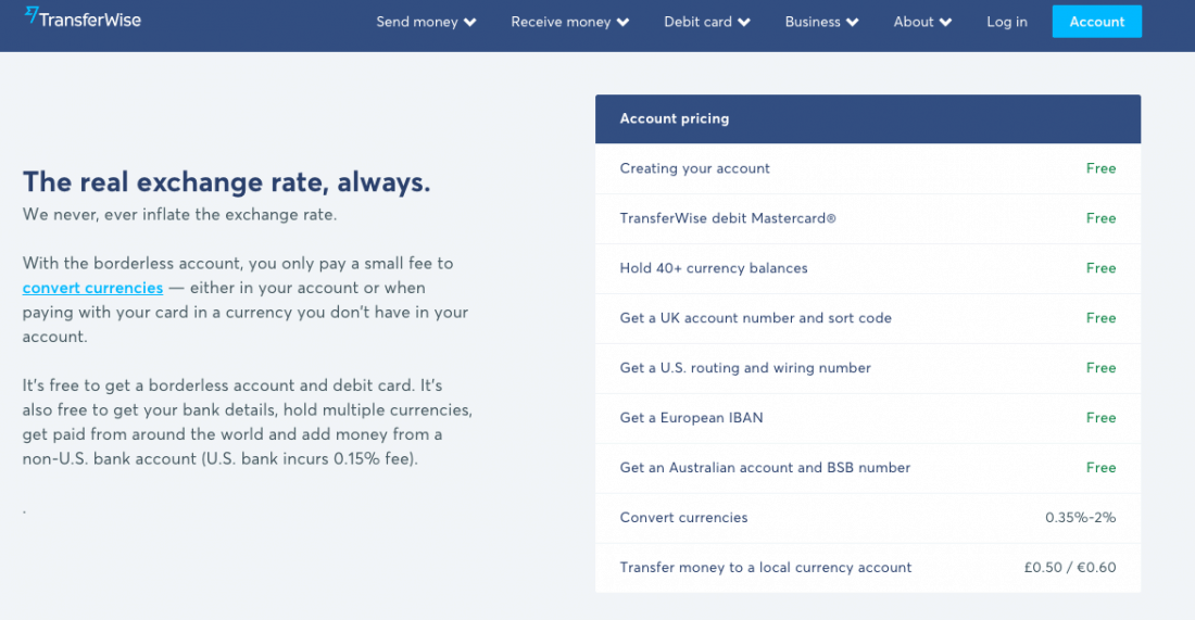 Transferwise Borderless account costs