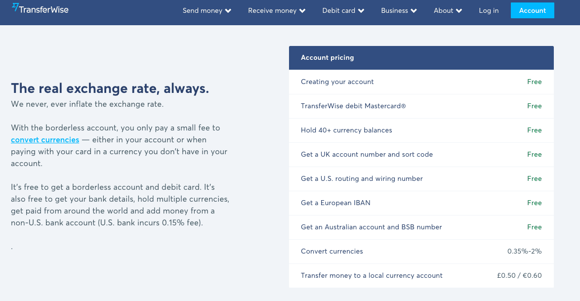 Transferwise Borderless account costs