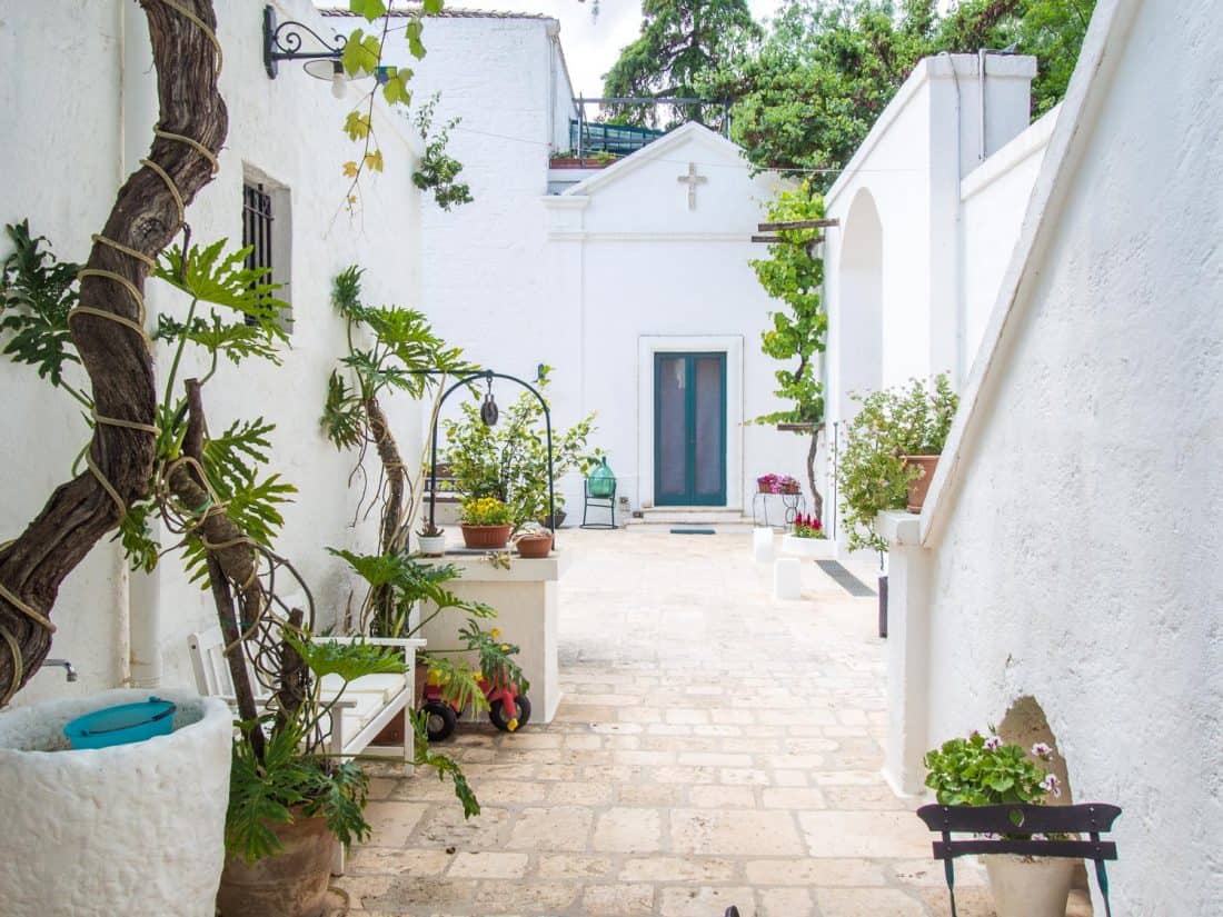 View from our terrace of the 17th century chapel in the courtyard of Masseria Il Frantoio, Puglia