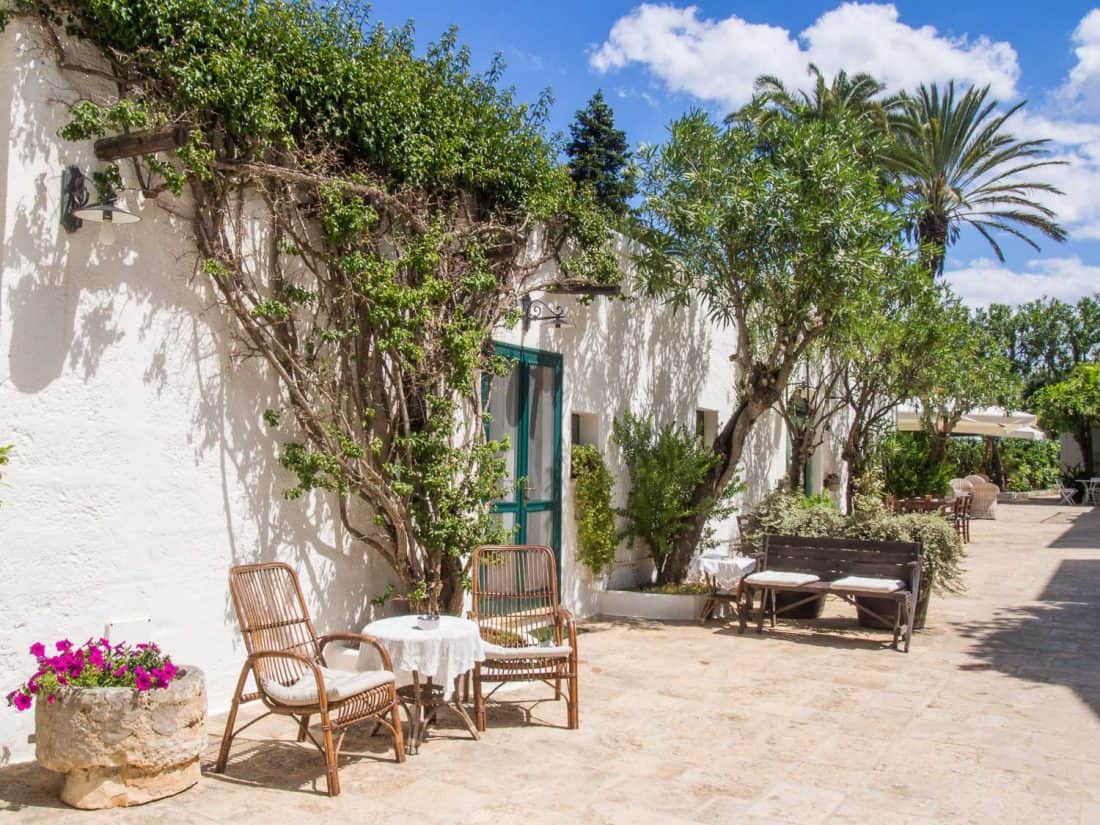 Outdoor seating in the Courtyard at Masseria Il Frantoio, Ostuni, Puglia, Italy