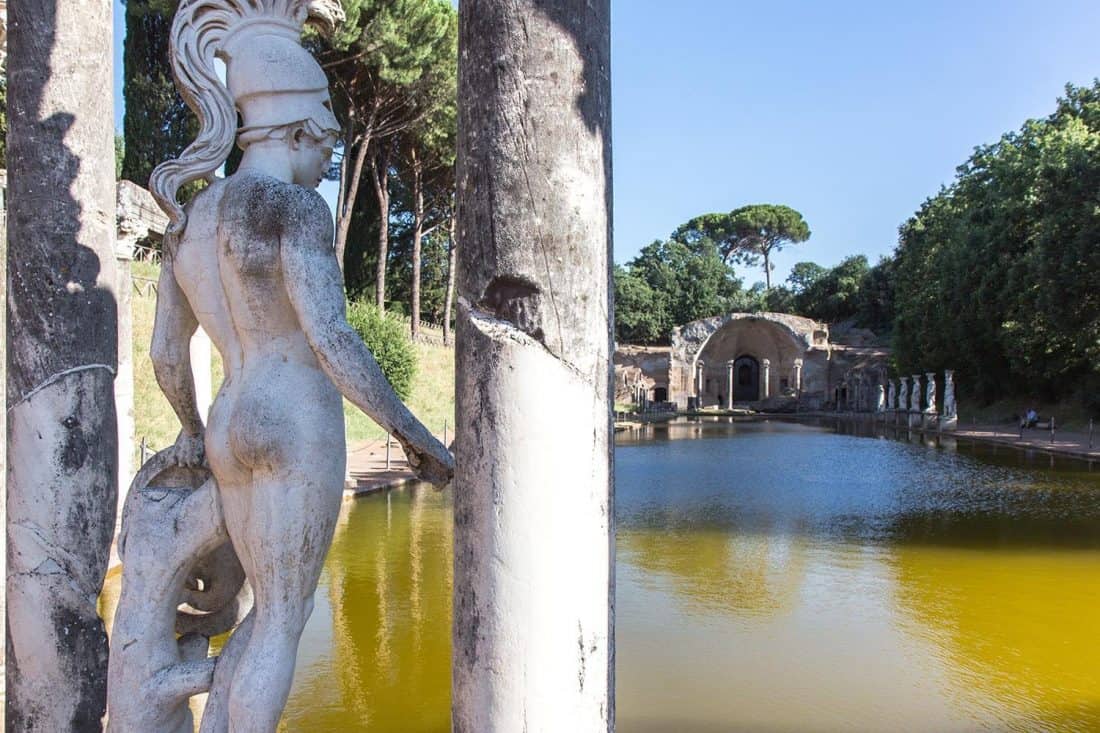 Statue overlooking a pool at Hadrian's Villa at Tivoli near Rome, Italy