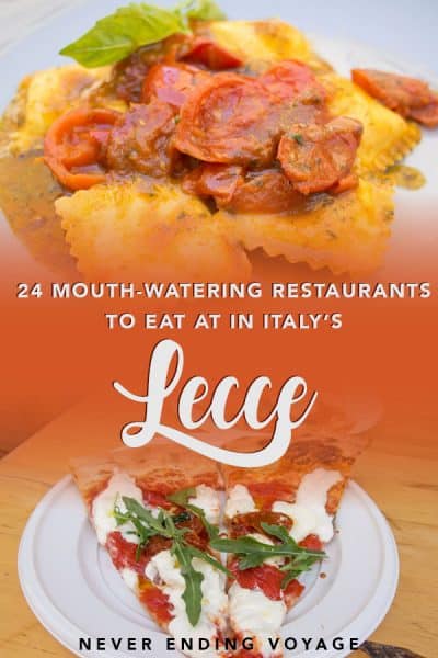 If you're traveling to Lecce in Italy, you do NOT want to miss out on the culinary scene. Here are 24 delicious restaurants to eat at, from cheap bites to traditional Italian cuisine. #italy #eatingitaly #eataly #italytravel #lecce #leccetravel #leccefoodguide
