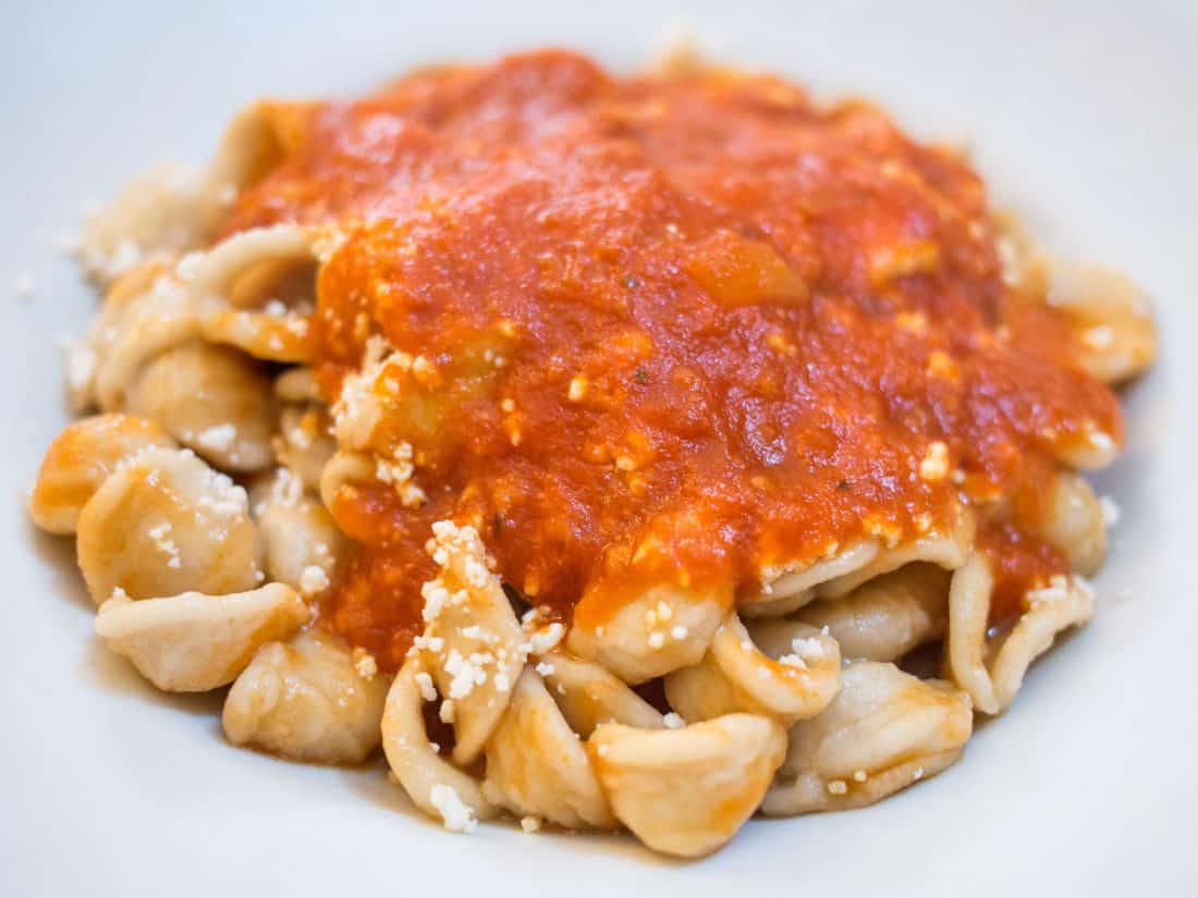 Orecchiette with tomato sauce at Osteria da Angiulino, one of the best Lecce restaurants and certainly the cheapest.