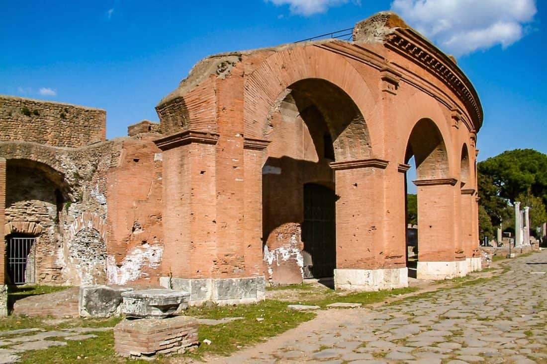 Roman ruins along Decumanus Maximus in Ostia Antica, Italy