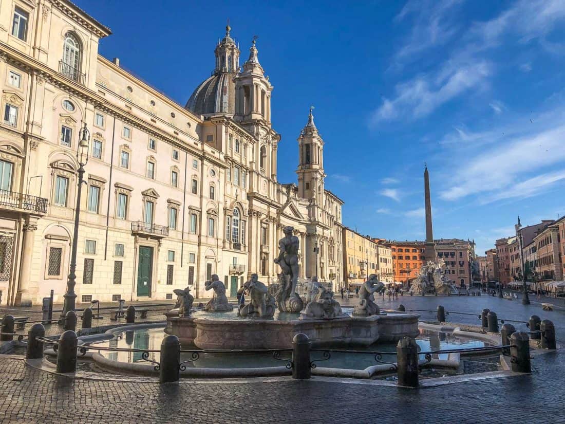 An empty Piazza Navona in Rome on a Sunday morning