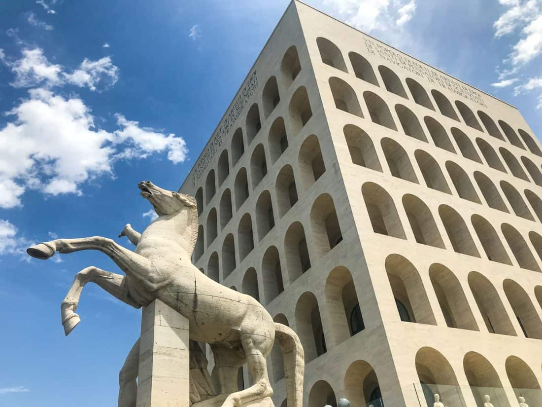 Imposing Fascist era architecture of Palazzo della Civiltà Italiana in EUR, Rome, Italy