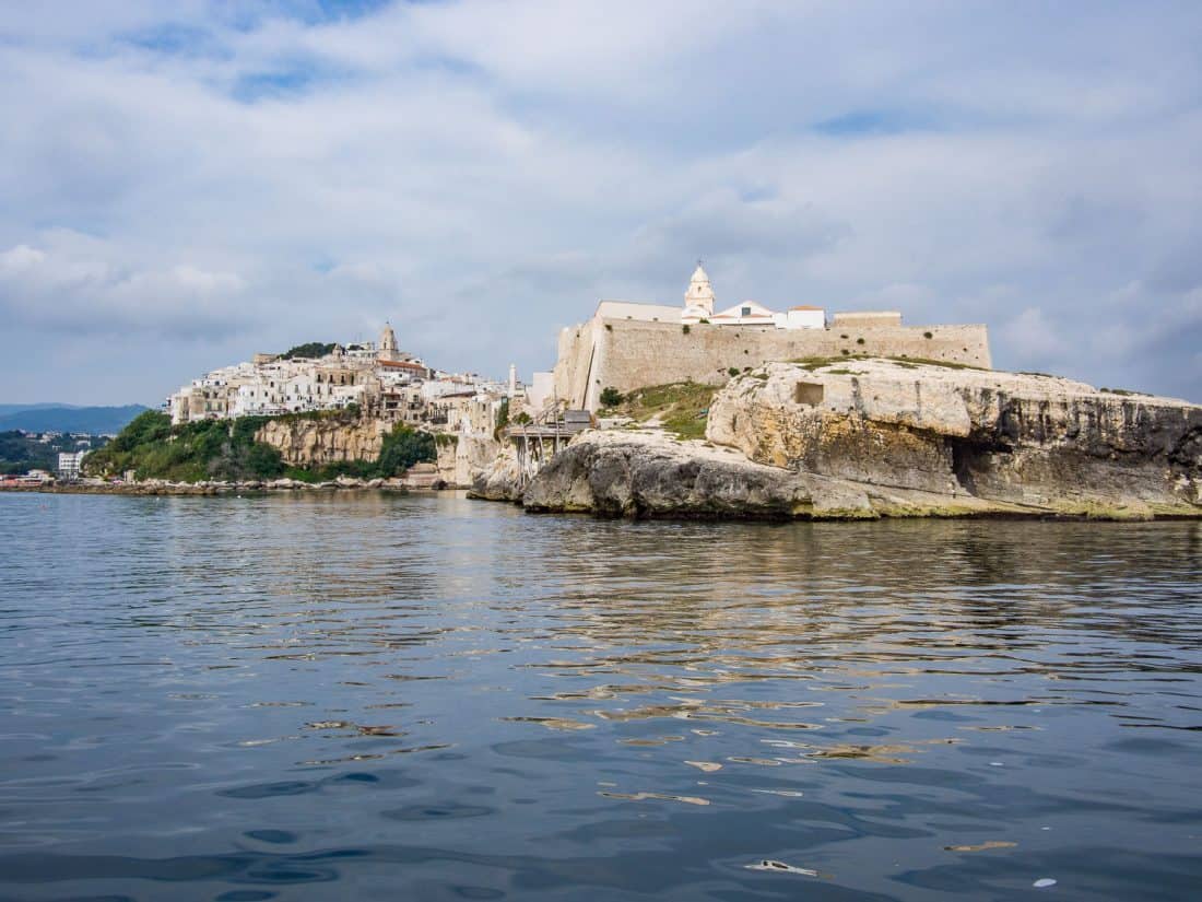 The view of Punta San Francesco and Vieste old town from our boat trip in Vieste Puglia, Italy