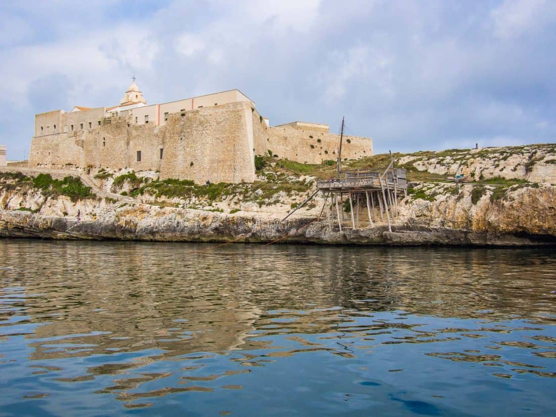 Punta San Francesco and the trabucco wooden fishing platform in Vieste in Puglia, Italy