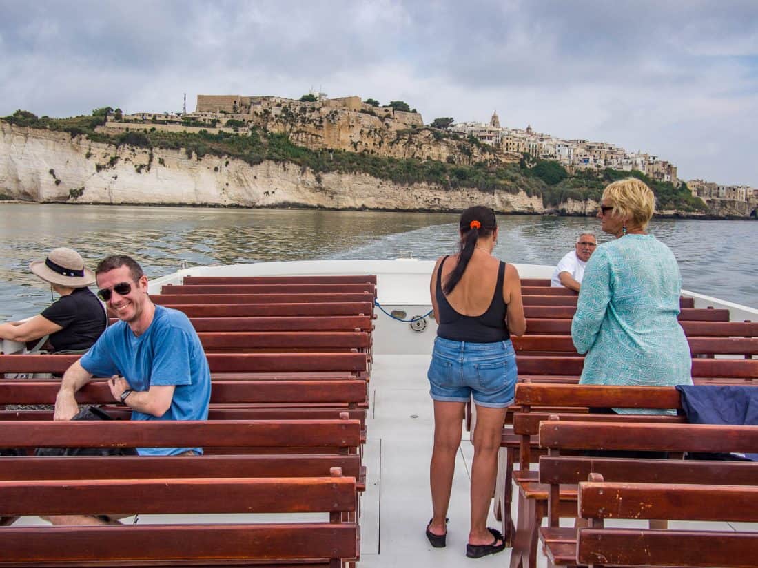 The view of Vieste from our Desiree grotto boat tour, which is one of the best things to do in Vieste Italy