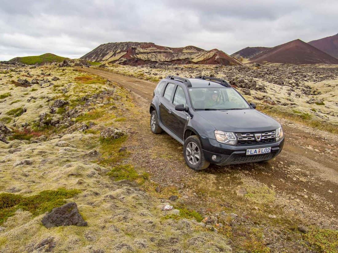 Dacia Duster 4WD rental car in the Berserkjahraun lava fields, Iceland