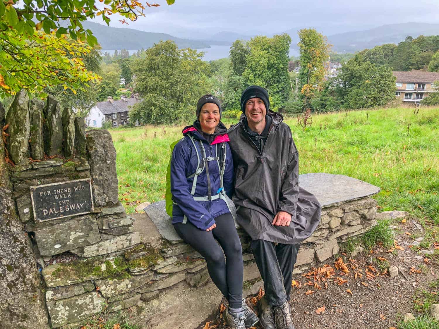 Erin and Simon at the bench in Bowness that marks the end of the Dales Way