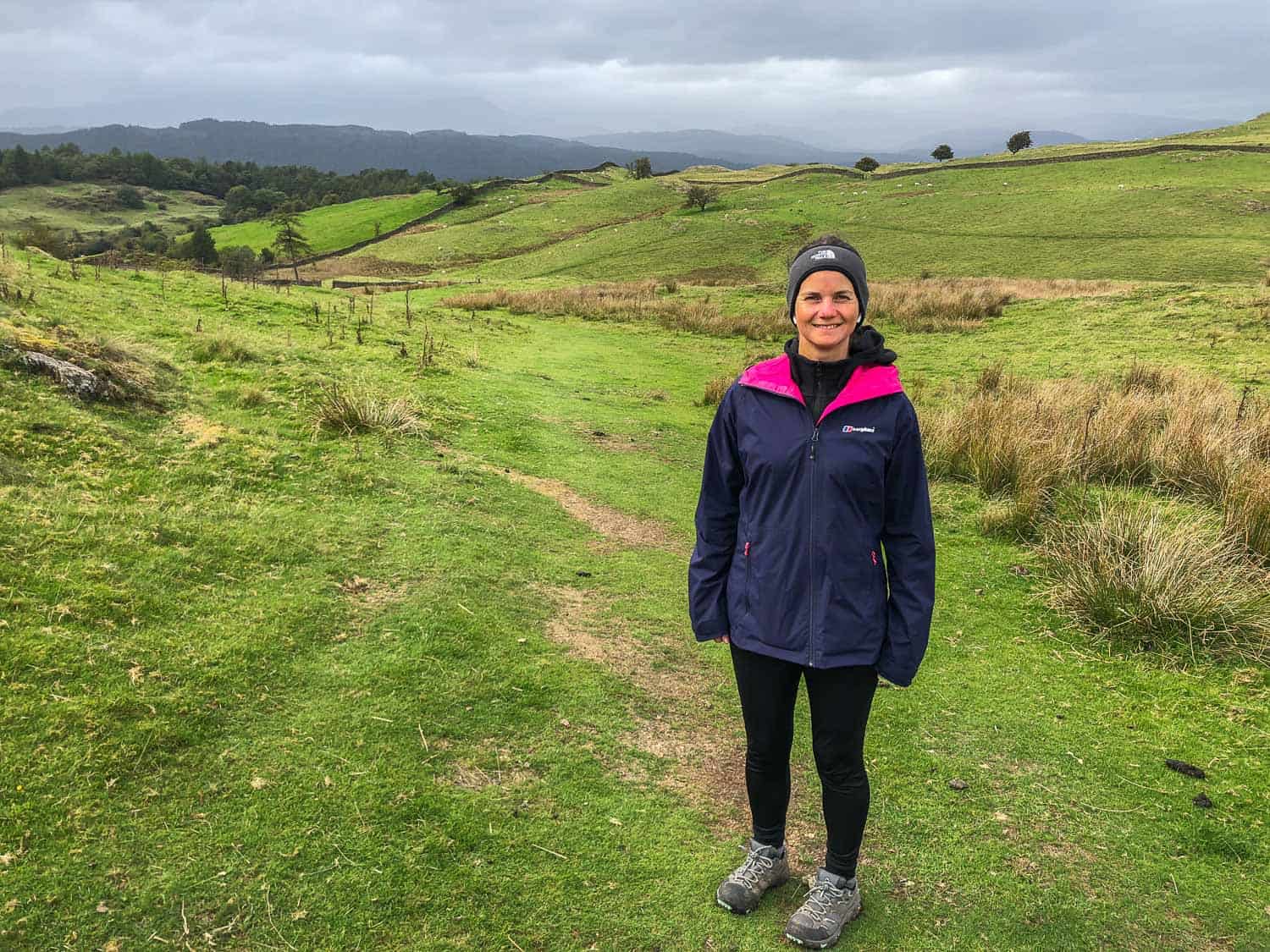 Erin wearing the Berghaus Stormcloud Waterproof Jacket and leggings on the Dales Way