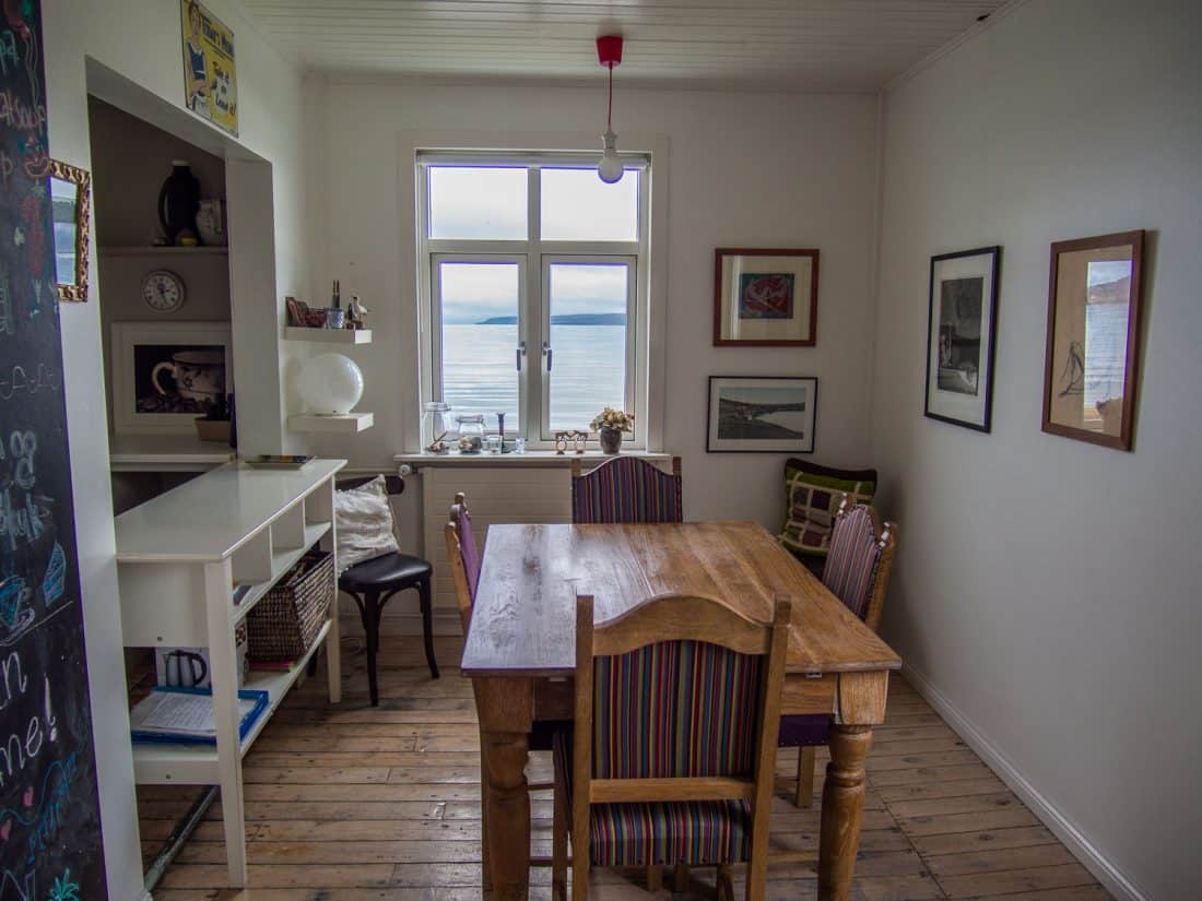 Dining room with sea view, Holmavik Airbnb house, Iceland