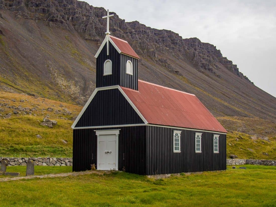 Black church at Rauðasandur Beach in Westfjords, Iceland