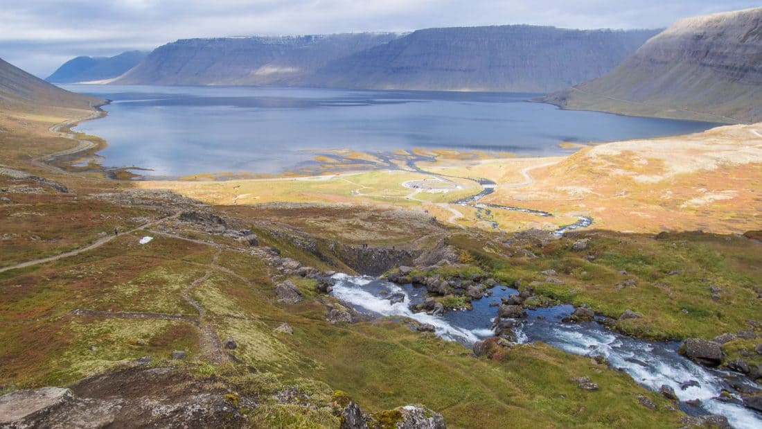 Fjord views from the top of Dynjandi waterfall in Westfjords, Iceland