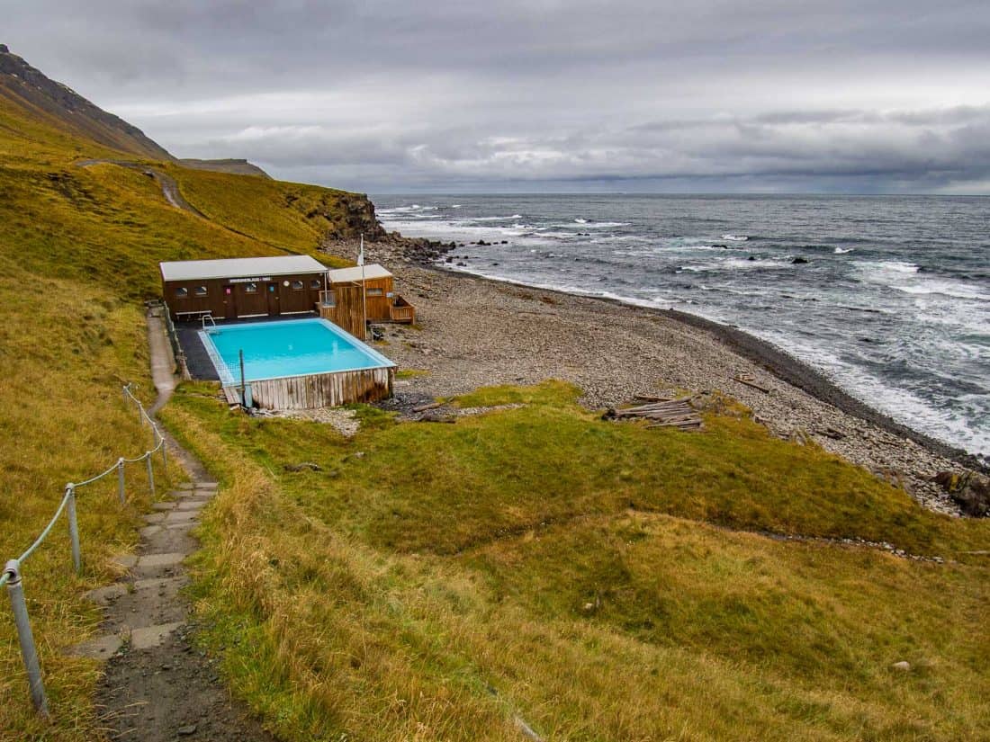 Krossneslaug swimming pool in Strandir, Westfjords region of Iceland