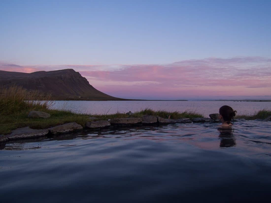 Soaking in the hot pot at Birkimelur Swimming Pool in Westfjords, Iceland