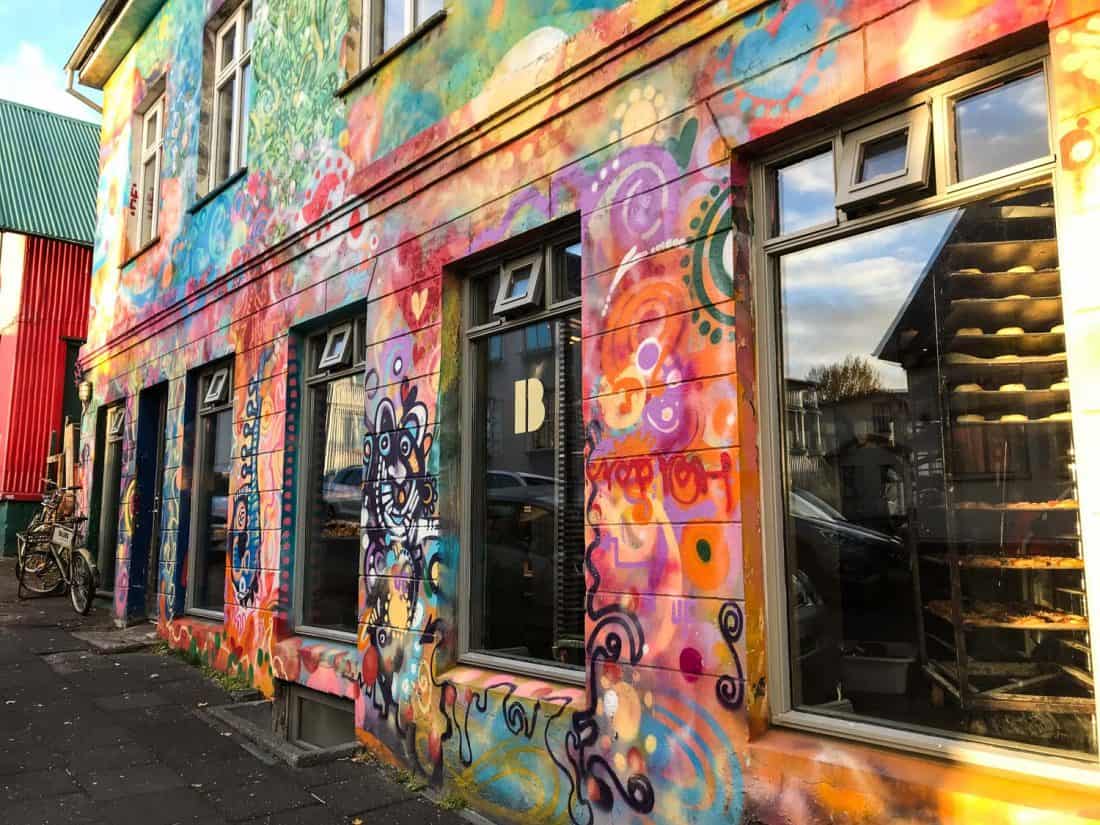 Colourful exterior of Braud & Co bakery on Frakkastígur, Reykjavik, Iceland