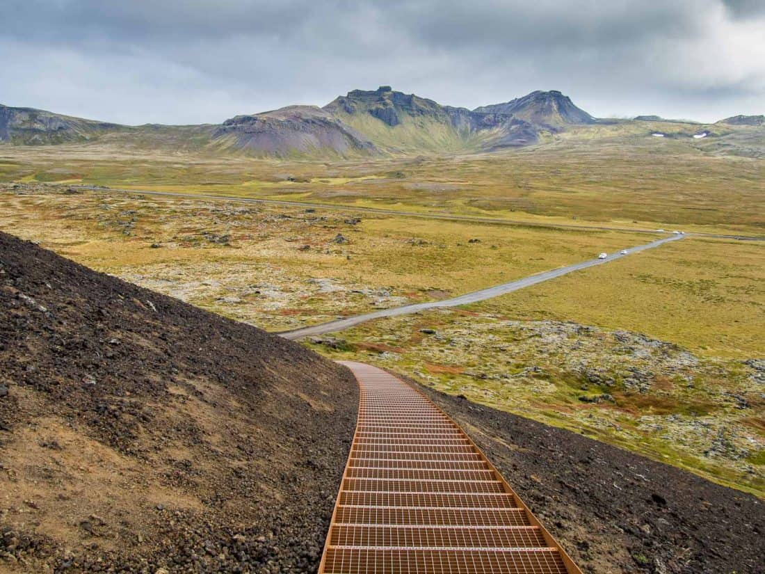 Stairs up Saxholar Crater in Snaefellsness Peninsula, Iceland