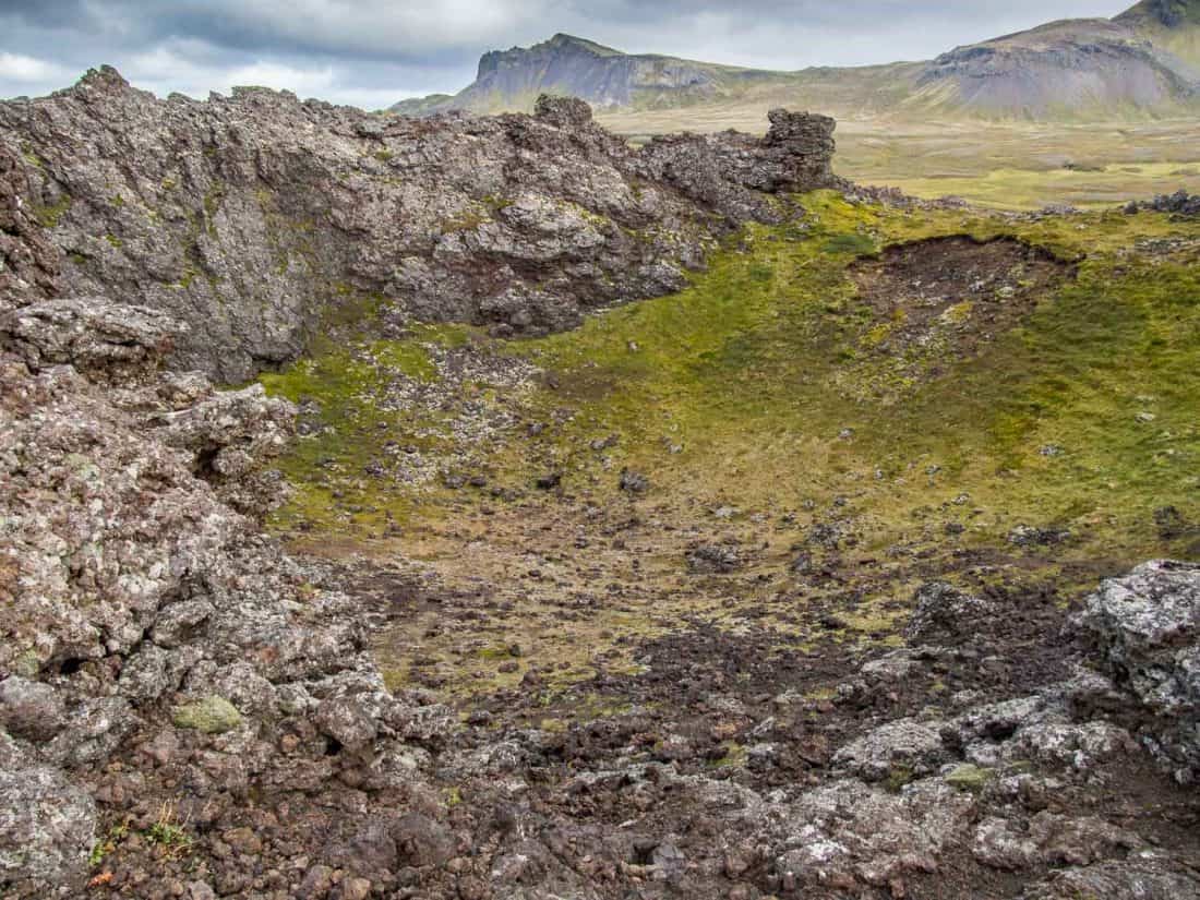 Inside the crater at Saxholar Crater in Snaefellsness Peninsula, Iceland