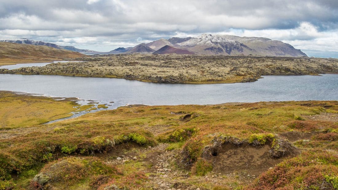 Lake view at viewpoint on Road 56 in Snaefellsness Iceland