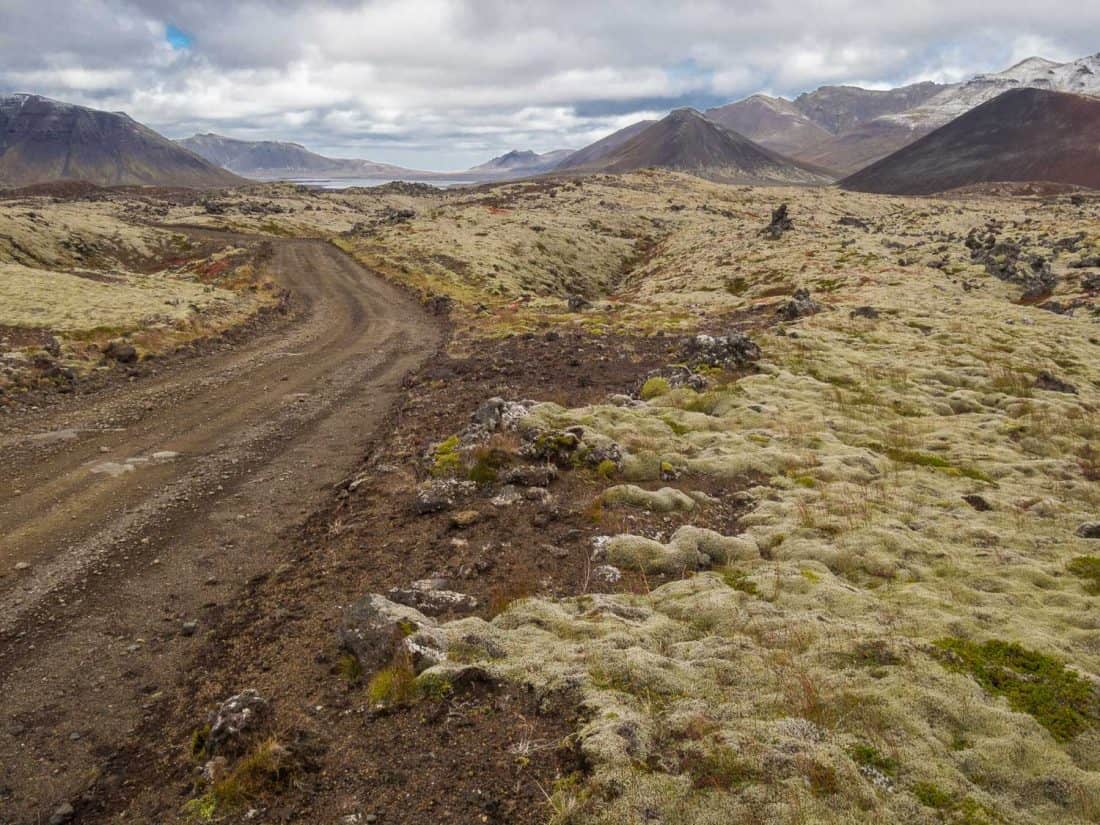 Dirt road 558 through Berserkjahraun lava fields on Snaefellsness Peninsula, Iceland