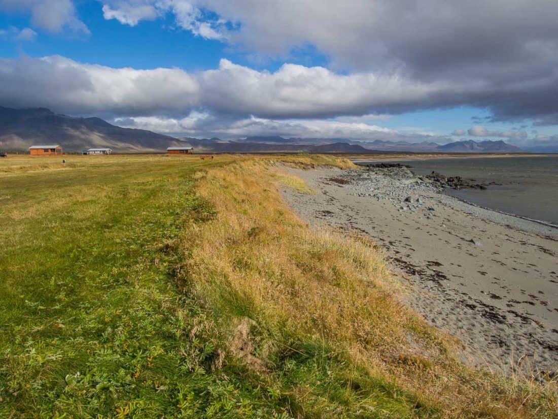 Cabins overlooking the sea on the south coast of the Snaefellsness Peninsula, Iceland