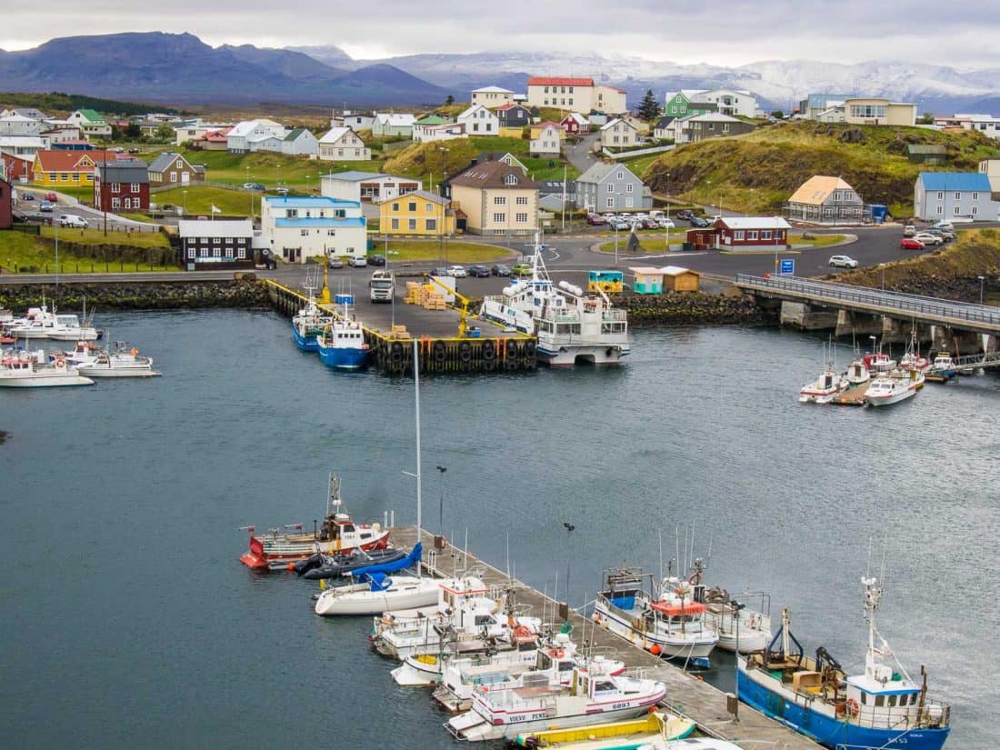 Stykkishólmur harbour view from Sudansey cliff in Iceland