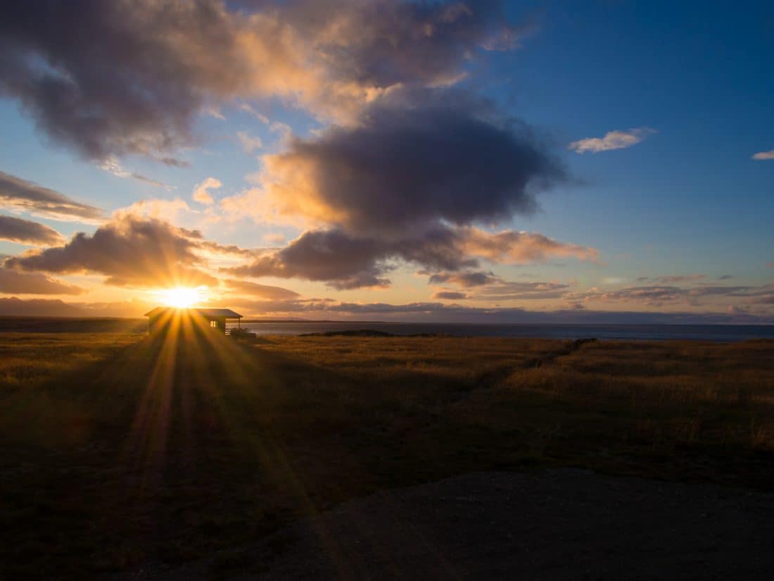 Tradir Guesthouse cabin at sunrise on the Snaefellsness Peninsula, Iceland