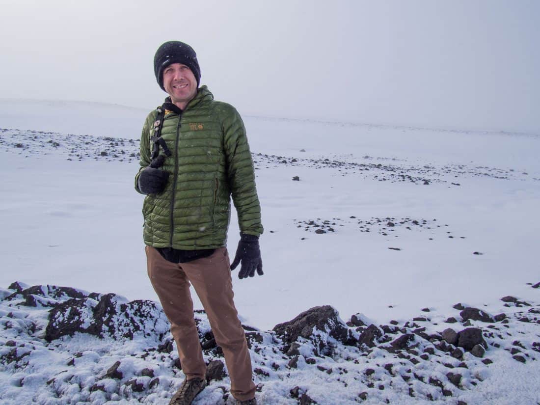 Simon wearing Bluffworks original pants in Iceland in the snow