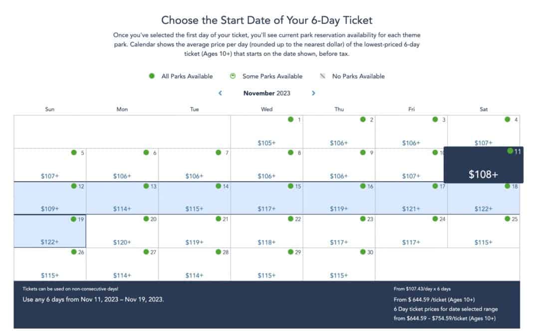 Disney World ticket price calendar 2023